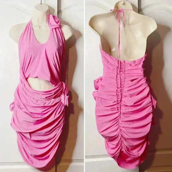 Magda Butrym Rosette Silk Jersey Pink Ruched Cutout Mini Dress 42 IT / US 6 - Picture 5 of 16